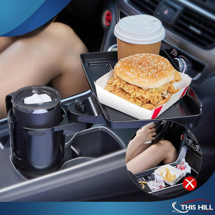 This Hill 2 Pack Cup Holder Tray for Car, 2 in 1 Detachable Car Food Table Tray with Solid Base & Phone Slot,Car Cup Holder Expander with 360°Rotation Tray for Travel Road Essentials Accessories