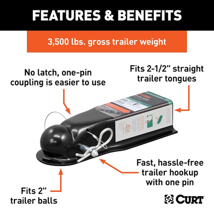 CURT 25471 QuickPin No-Latch Trailer Coupler for 2-Inch Hitch Ball, 2-1/2-In Channel, 3,500 lbs