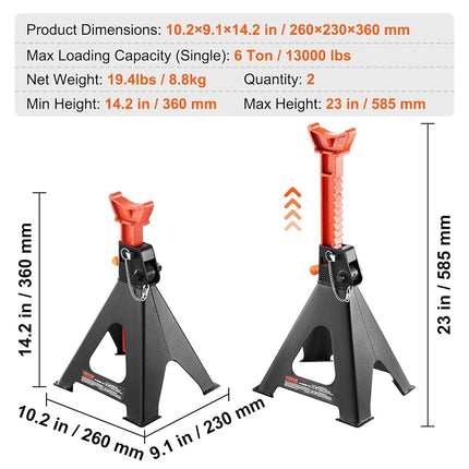 VEVOR Jack Stands, 6 Ton (13,000 lbs) Capacity Car Jack Stands Double Locking, 14.2-23 inch Adjustable Height, for Lifting SUV, Pickup Truck, Car and UTV/ATV, Red, 1 Pair