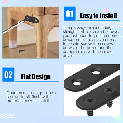 Glarks 8 Sets 250mm Flat Straight Corner Brace Black Metal Joint Plate Connector Repair Fixing Bracket with 70Pcs Screws for Wood Furniture (250x20x3mm)