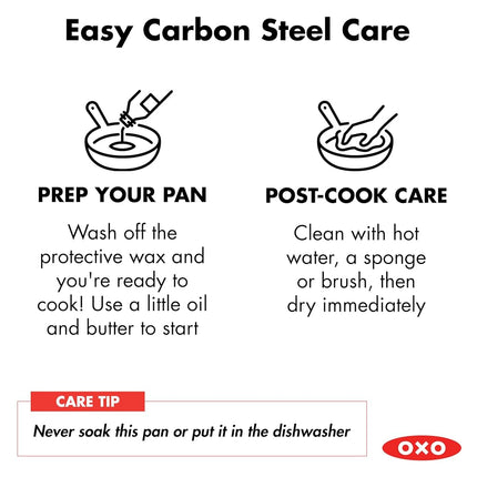 OXO Obsidian Pre-Seasoned Carbon Steel, 12" Frying Pan Skillet with Removable Silicone Handle Holder, Induction, Oven Safe, Black