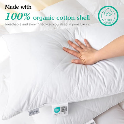 Three Geese White Goose Feather Polyester Bed Pillows Standard Size Set of 2- Soft 600 Thread Count 100% Cotton, Medium Firm,Soft Support Surround Fill Polyester (Standard Size:Pack of 2)