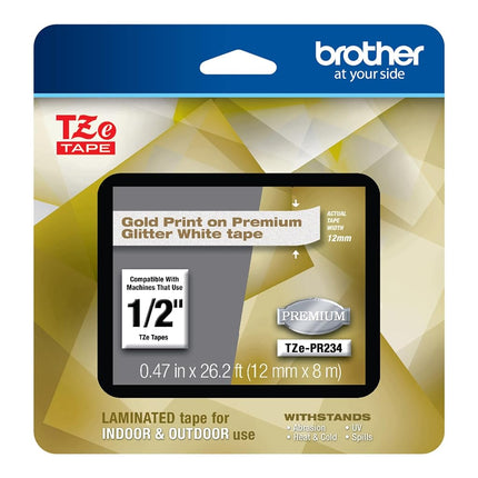 Brother P-Touch TZe-PR234 Gold Print on Premium Glitter White Laminated Tape 12mm (0.47”) Wide x 8m (26.2’) Long, TZEPR234