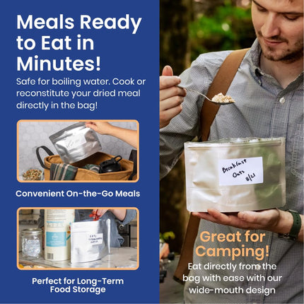 Wallaby MRE Mylar Bag Bundle - 30x (7.5 Mil - 6.5 cm x 8.5 cm) Stand-Up Zipper Pouches, 30x 400cc Oxygen Absorbers - Heat Sealable & Withstand Boiling Water - Long-Term Food Storage Solutions - Silver