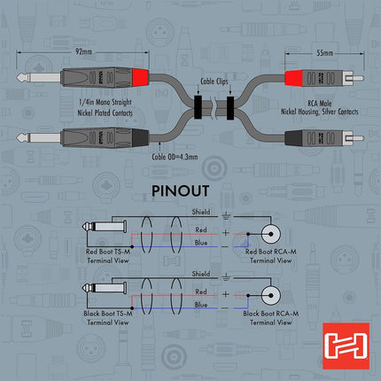 Hosa Pro Dl Cable 1/4IN Ts Rca 3F Repairable Metal End