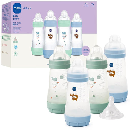 MAM 9oz Easy Start Anti-Colic Wide Neck Baby Bottle, Medium Flow Breastfeeding-Like Nipple, Reduces Colic Gas & Reflux, Easy to Clean, BPA Free, 2+ Months, Made in Europe, Bonus Fast Flow Nipple, 4 Pk