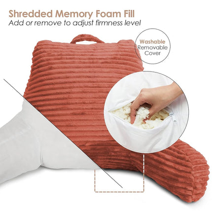 Clara Clark Reading Pillow for Bed Adult –Back Pillow for Sitting in Bed, Standard Plush Bed Pillows for Sitting Up in Bed, Shredded Foam Bed Chair Pillow with Arms and Pockets, Misty Bed Rest Pillow