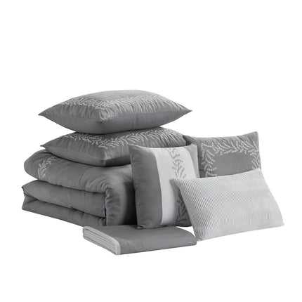 King Size Comforter Set 7-Piece Embroidered Faux Suede Bedding – Soft, Elegant & Complete Bedding Set with 1 Comforter, 2 Pillow Shams, 1 Bed Skirt, and 3 Decorative Throw Pillows, King, Gray
