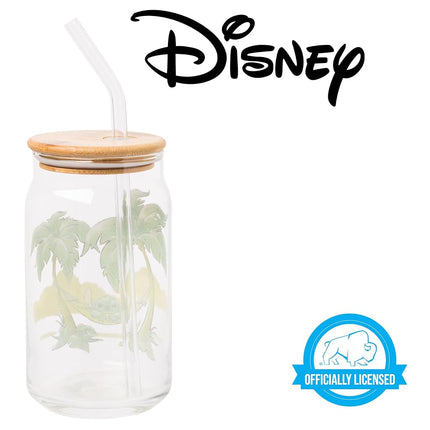 Silver Buffalo Disney Lilo and Stitch Relaxing Chilling in Hammock Island Glass Jar Tumbler with Bamboo Lid and Glass Straw, 16 Ounces