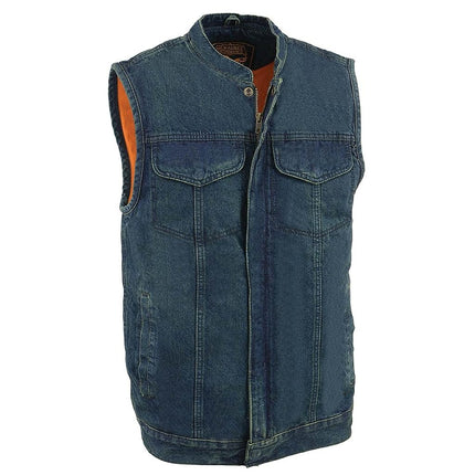 Chaleco de mezclilla para hombre de Milwaukee con broches y cremallera ocultos (Azul, Grande)