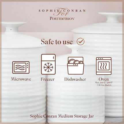 Portmeirion x Sophie Conran White Porcelain Storage Jar with Lid, Stylish and Durable Canister for Kitchen Essentials, 18cm tall, 1110ml Volume