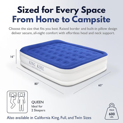 King Koil Luxury Pillow Top Plush Queen Air Mattress with Built-in High-Speed Pump Best for Home, Camping, Guests, 16" Queen Size Double Airbed Adjustable Blow Up Mattress, Waterproof, 1-Year Warranty