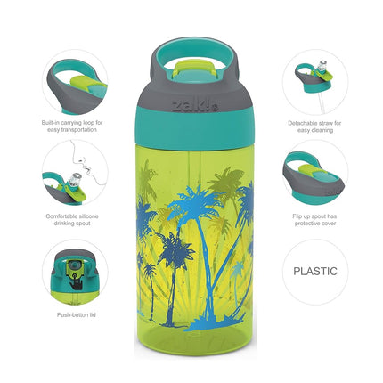 Zak Designs 16oz Riverside Desert Life Kids Water Bottle with Straw and Built in Carrying Loop Made of Durable Plastic, Leak-Proof Design for Travel, Cactus-Flamingo Pineapple, 2PK Set