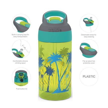 Zak Designs Botella de agua para niños de 473 ml con diseño de tablas de surf y palmeras de Riverside Beach Life, con pajita y asa de transporte integrada, de plástico duradero, diseño a prueba de fugas para viajes, 2 unidades (paquete de 1)