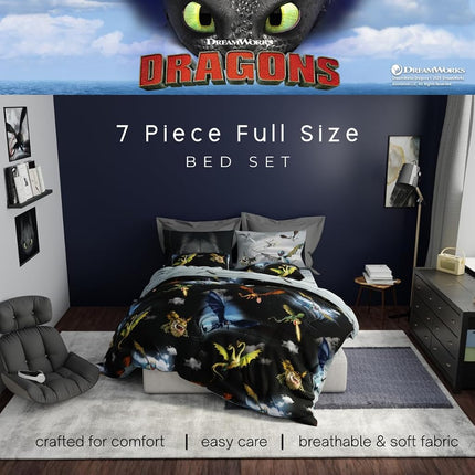 Franco How to Train Your Dragon Kids Bedding Super Soft & Cozy Reversible Microfiber Comforter and Sheet Set with Sham, 7 Piece Full Size, (Officially Licensed Product)