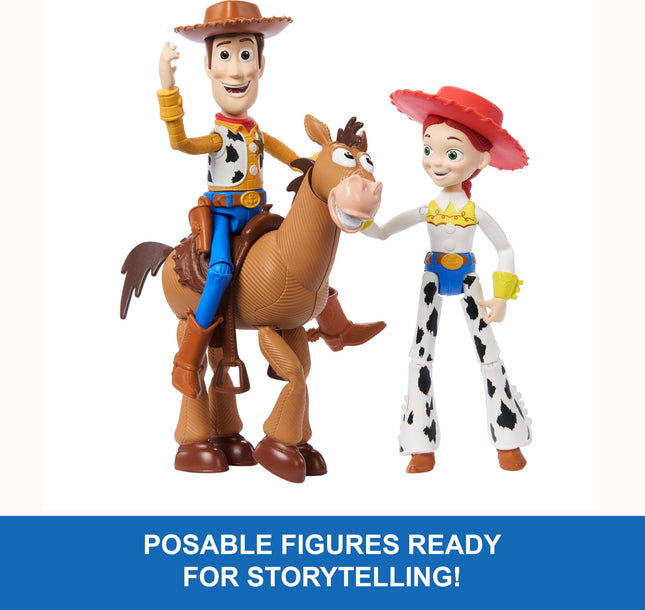 Mattel Disney Pixar Storytellers Paquete de 3 de Woody, Jessie y Bullseye de Toy Story, figuras auténticas posables de 10 cm, coleccionables de personajes clave
