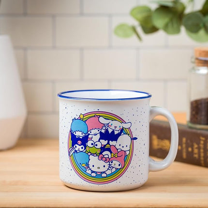 Silver Buffalo Sanrio Hello Kitty Friends Featuring Little Twin Stars, Cinnamoroll, Kuromi, Keroppi, Badtz-Maru, Pochacco, Tuxedo Sam, My Melody, Pompompurin, Chococat Ceramic Camper Mug, 20 Ounces