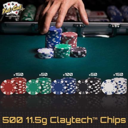 Fat Cat by GLD Products 11.5 Gram Texas Hold 'em Claytec Poker Chip Set with Aluminum Case, 500 Striped Dice Chips, 24.25 Inch