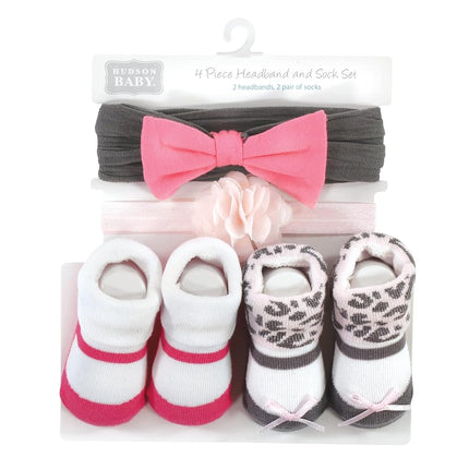 Hudson Baby baby-girls Headband and Socks Set, Pink Leopard, 0-9 Month