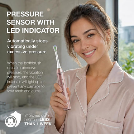Wagner Stern IntelliBrush Series Whitening Electric Toothbrush with Pressure Sensor. Offers 4 Brushing Modes, 3 intensities, 8 Soft Brush Heads, and a Luxury Travel case.