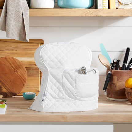 KITCHENAID Fitted Tilt-Head Solid Stand Mixer Cover with Storage Pocket, Quilted 100% Cotton, White, 14.4"x18"x10"