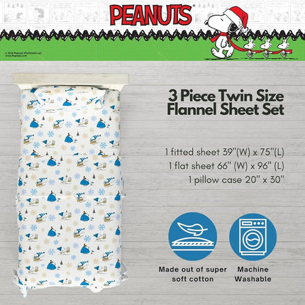 Franco Peanuts Snoopy Puffer Coat Holiday Bedding Super Soft 100% Cotton Flannel Sheet Set, Twin, (Officially Licensed Product)