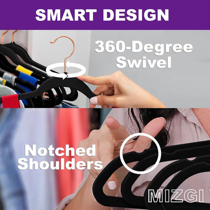 MIZGI Premium Velvet Hangers (Pack of 50) - Heavy Duty, Space Saving, Anti Slip - Black Velvet Suit Hangers with Rose Gold/Copper Hooks