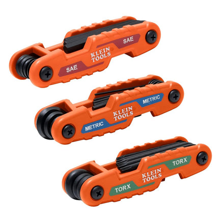 KLEIN TOOLS 70543 3-Piece Compact Folding Hex Key Set, Metric, SAE, Torx Sizes, 25 Keys, Industrial Strength Heat Treated Alloy Steel
