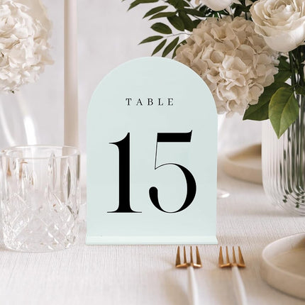 JINMURY White Arch Acrylic Table Numbers 1-15 with Stand, 5x7" White Arch Acrylic Sign and Holder Wedding Table Numbers for Reception, Centerpiece, Event (White Table Numbers 1-15, 5x7 Inch)