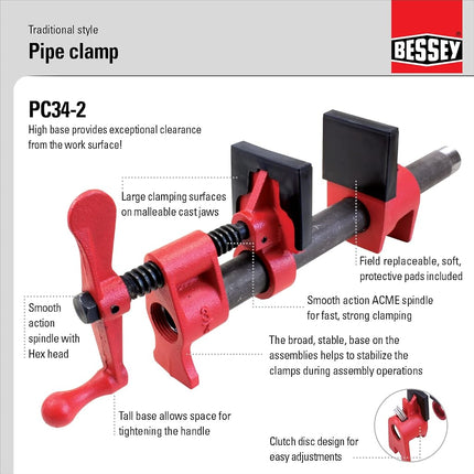 BESSEY PC34-2 3/4 in. Pipe Clamp Traditional Style High and Wide Base, Red