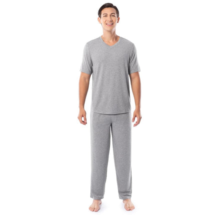 Ensemble de pyjama Fruit of the Loom pour homme, haut à manches courtes col en V et pantalon, tissu extensible 360, gris chiné, M