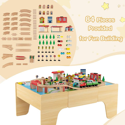 INFANS Train Table, 84 Pieces Wooden Kids Activity Toy Table Playset with Reversible Detachable Tabletop, Tracks, Train, Railway, City for Toddler Boys Girls