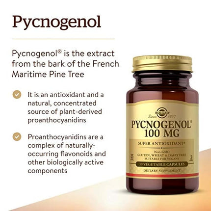 Solgar Pycnogenol 100mg - Derived from Pine Bark - Works Combined with Vitamins C & E - Vegan - 30 Vegetable Capsules, Brown