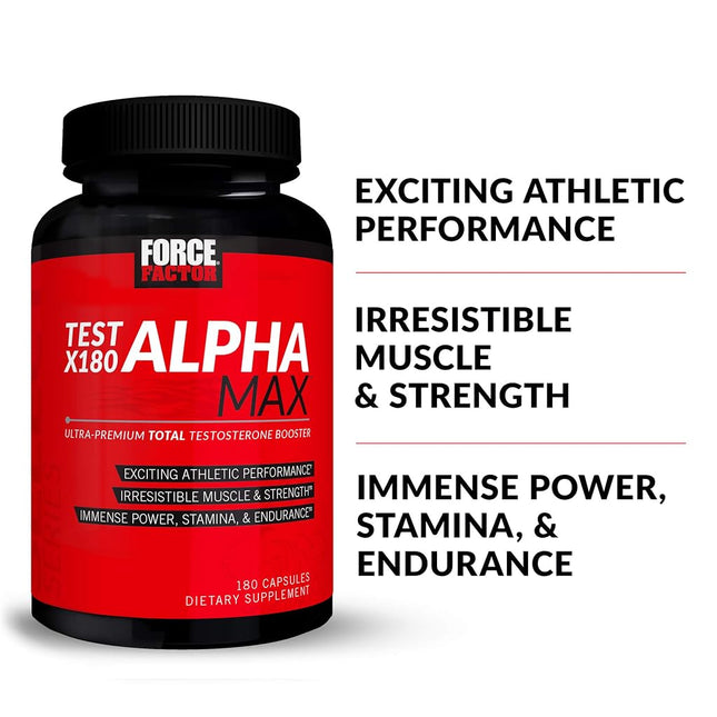 Force Factor Test X180 Alpha Max, Nitric Oxide Booster, Lean Muscle Builder For Men with Testofen, L-Citrulline, Tribulus Terrestris, and Black Maca, 180 Count