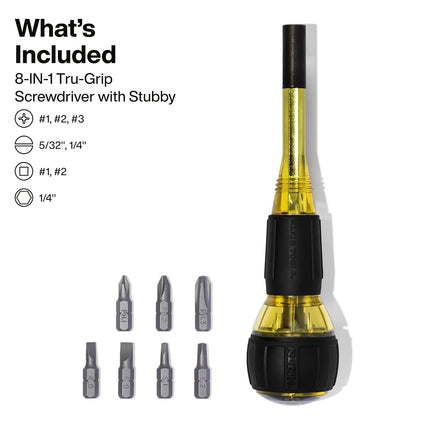 Klein Tools 32961A 8-in-1 Tru-Grip Screwdriver with Stubby, Phillips, Slotted, Square Tips, 1/4-Inch Nut Driver, Rare-Earth Magnet, 6-Bit Storage, Ball-Style Handle