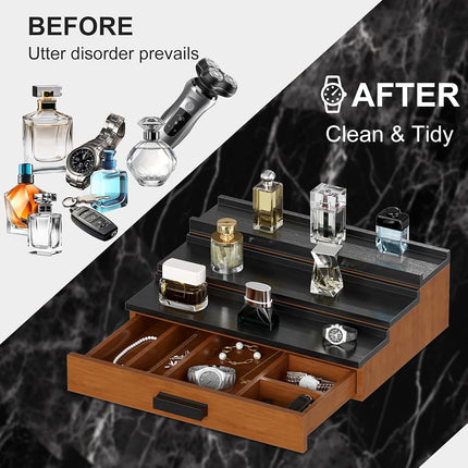 GarveeHome Wooden Cologne Organizer for Men, 3 Tier of Elevated Cologne Display Shelf with Drawer Storage Perfume Organization and Storage Display Risers for Watch, Jewelry, Great Gift for Father