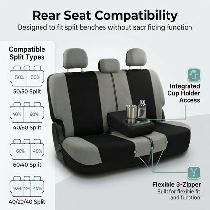 FH Group 3 Row Set 7 Seater Light & Breezy Flat Cloth Car Seat Covers, Combo Steering Wheel Cover & Seat Belt Pads, Airbag and Split Rear, Universal Fit for Cars Trucks, SUV, Gray