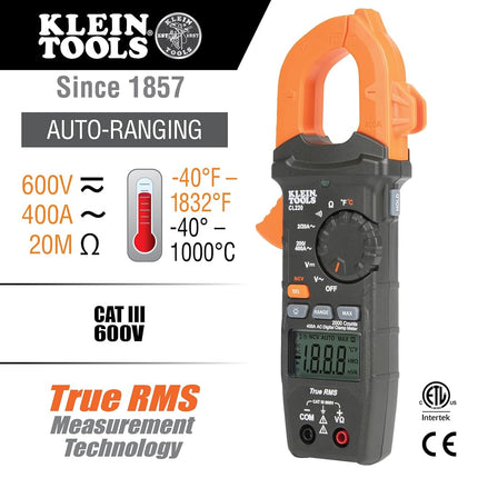 Digital Clamp Meter, AC Auto-Ranging 400 Amp with Temperature and Non-Contact Voltage Detector, Klein Tools CL220
