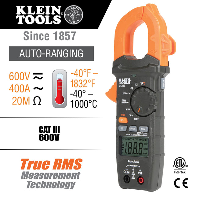 Digital Clamp Meter, AC Auto-Ranging 400 Amp with Temperature and Non-Contact Voltage Detector, Klein Tools CL220