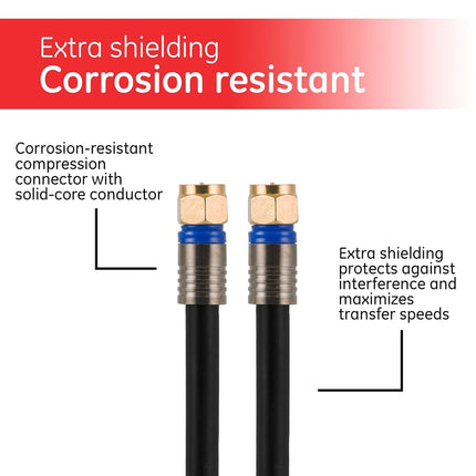 GE RG6 Coaxial Cable, 6 ft. F-Type Connectors, Quad Shielded Coax Cable, 3 GHz Digital, in-Wall Rated, Ideal for TV Antenna, DVR, VCR, Satellite, Cable Box, Home Theater, Black, 33528