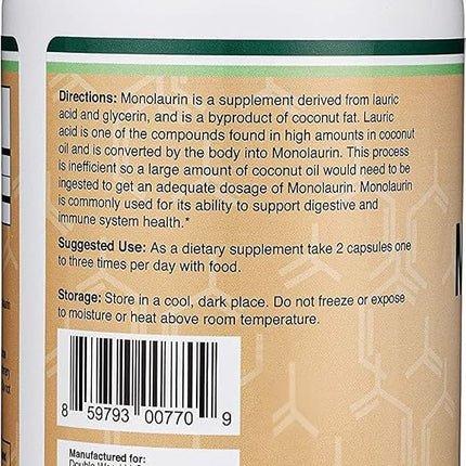 Double Wood Supplements Monolaurin 1,000mg per Serving, 210 Capsules (Vegan Safe, Non-GMO, Gluten Free, Made in The USA) Immune Health Support by