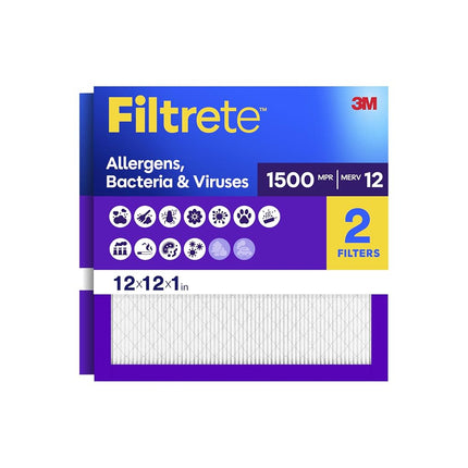 Filtrete 12x12x1 AC Furnace Air Filter, MERV 12, MPR 1500, CERTIFIED asthma & allergy friendly, 3 Month Pleated 1-Inch Electrostatic Air Cleaning Filter, 2-Pack (Actual Size 11.81x11.81x0.78 in)