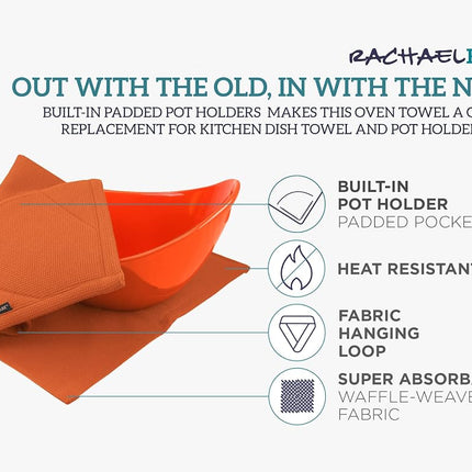 Rachael Ray Toalla Moppine - Toalla de cocina y agarrador 2 en 1 con 2 bolsillos resistentes al calor para sujetar utensilios de cocina y de repostería calientes - Toallas de cocina absorbentes perfectas para secar platos y manos, naranja quemado