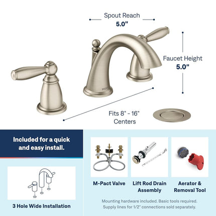 Moen Brandtford Double Handle Brushed Nickel High Arc Widespread Bathroom Sink Faucet for 3-Hole Settings with Included Valve, TV6620BN