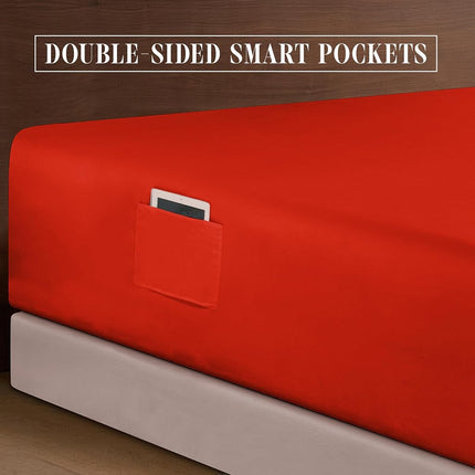 Elegant Comfort 1500 Premium Quality 6-Piece Bed Sheet Set - 18-24 Inch Extra Deep Pocket, Smart Storage Pockets, Wrinkle Free Ultra Soft 6PC Extra Deep Pocket Sheets, Queen, Red