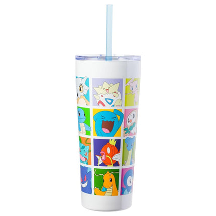 Gobelet isotherme en acier inoxydable double paroi Silver Buffalo Pokémon Pikachu, Ronflex, Salamèche, Carapuce, Bulbizarre, Évoli, Ectoplasma, Togepi, Magicarpe, Psykokwak, Rondoudou, Miaouss, Mew avec paille, 650 ml