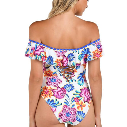 Off Shoulder Ruffle One Piece Swimsuit, Multi//Flor De Paradiso, 14