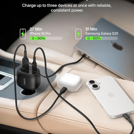 Belkin USB C Car Charger 75W w/ 30in Retractable USB C Cable - iPhone Charger, Compatible with iPhone 16 & 15 Series, Galaxy S25 Series, AirPods, Tablet, MacBook, Chromebook, etc. - Travel Essentials