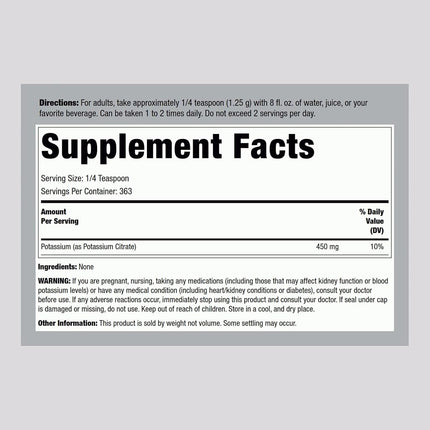 Potassium Citrate Powder | 16 oz | Vegan, Vegetarian, Non-GMO, Gluten Free Supplement | by Piping Rock