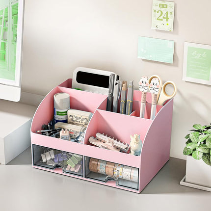 Organizador de escritorio COMFYROOM con 6 compartimentos y 2 cajones, organizador de maquillaje de plástico, portalápices para almacenamiento de escritorio, organización de escritorio para la escuela, el hogar, material de oficina (rosa)